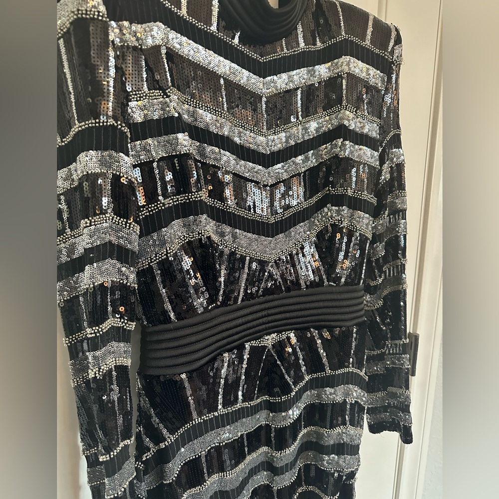 Zhivago Black and Silver Sequin Long Sleeve High-Slit Gown - Picture 6 of 11